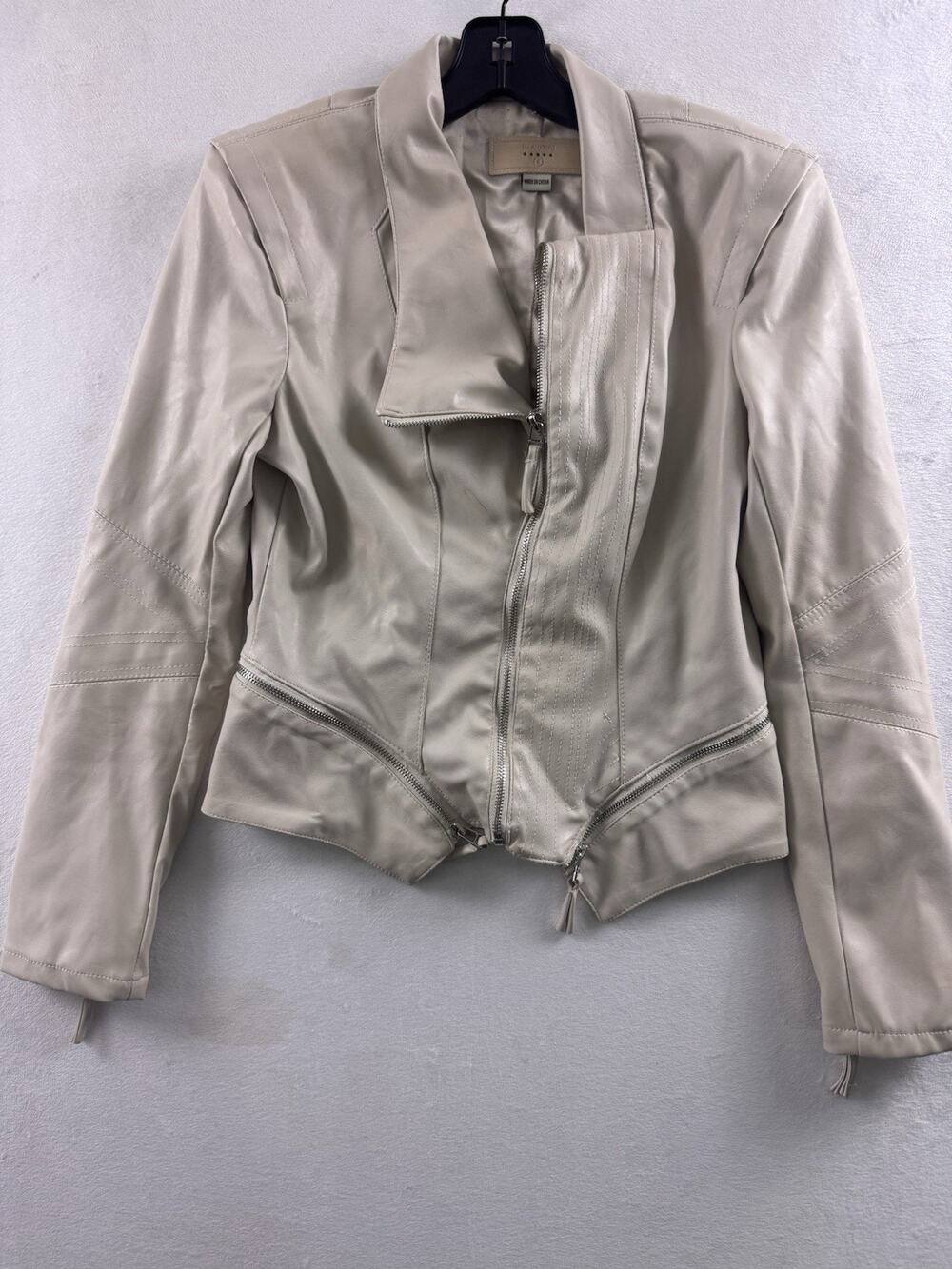 BlankNYC Women’s Beige Faux Leather Moto Jacket Asymmetrical Zip Size S